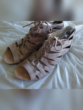 Earth Origins Taupe Lace-Up Cutout Heeled Sandals